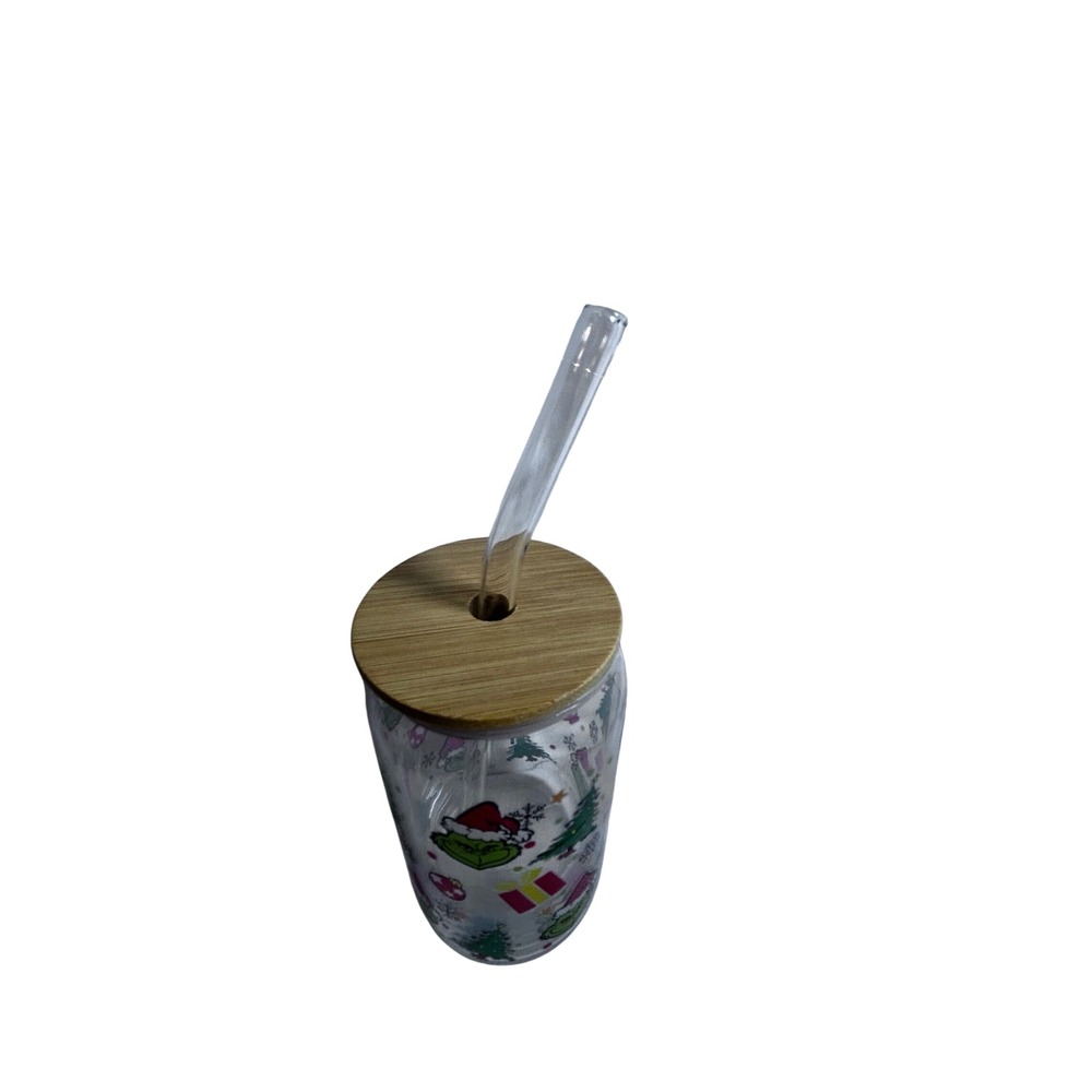 Glass Tumbler 16oz Clear Christmas Grinch Bamboo Lid Unisex